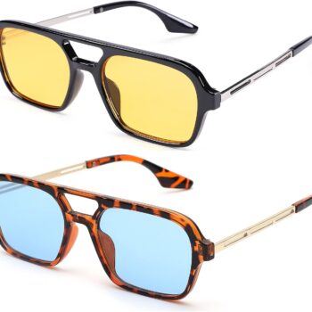 Vintage 70s Flat Aviator Small Frame Sunglasses for Women Men Square Metal Design UV400 Protection Shades